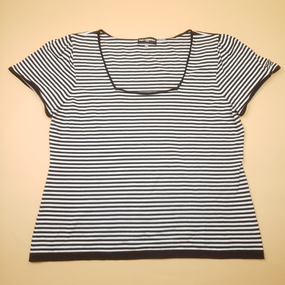 Karl Lagerfeld Paris Striped Blouse Shirt Signature U Neck